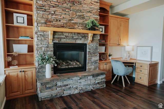 1628 E Lone Oak Dr, Draper, UT 84020 - office with dark wood-style flooring, built in desk, and a stone fireplace