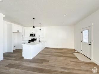1805 N 70 W, Tooele, UT 84074 - kitchen with stove, stainless steel microwave, wood finished floors, hanging light fixtures, and light countertops