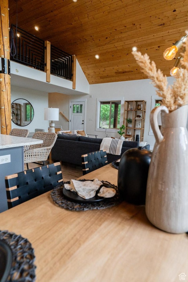 2143 S Aspen Cir, Wanship, UT 84017 - living room with wooden ceiling, recessed lighting, high vaulted ceiling, and wood finished floors