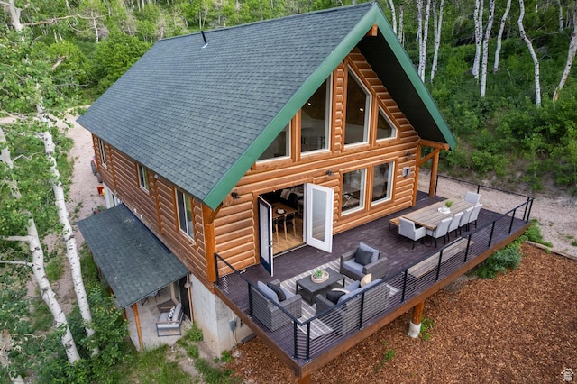 2143 S Aspen Cir, Wanship, UT 84017 - back of house with an outdoor hangout area, roof with shingles, and a deck
