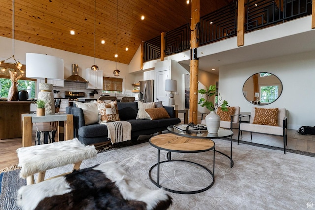 2143 S Aspen Cir, Wanship, UT 84017 - living room featuring wooden ceiling, high vaulted ceiling, and recessed lighting