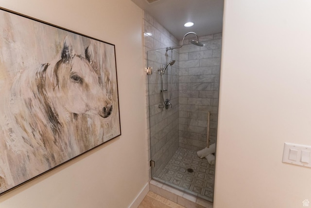 2143 S Aspen Cir, Wanship, UT 84017 - full bathroom featuring a stall shower, recessed lighting, and tile patterned floors