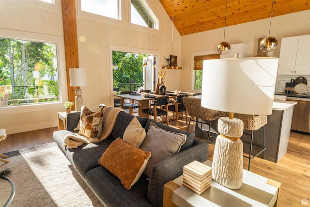2143 S Aspen Cir, Wanship, UT 84017 - living area featuring plenty of natural light, light wood-style flooring, high vaulted ceiling, and wooden ceiling