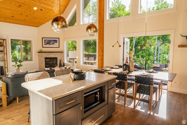 2143 S Aspen Cir, Wanship, UT 84017 - kitchen featuring stainless steel microwave, high vaulted ceiling, hardwood / wood-style floors, open floor plan, and wood ceiling