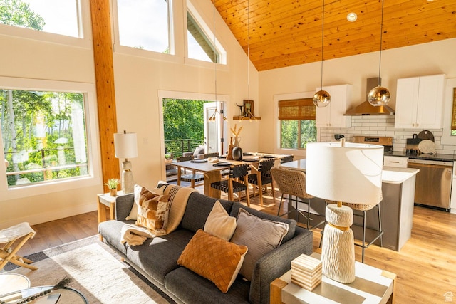 2143 S Aspen Cir, Wanship, UT 84017 - living room with healthy amount of natural light, high vaulted ceiling, light wood-style floors, and wooden ceiling