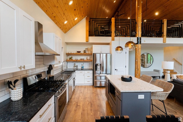 2143 S Aspen Cir, Wanship, UT 84017 - kitchen with appliances with stainless steel finishes, wall chimney range hood, wooden ceiling, open shelves, and a breakfast bar