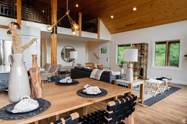 2143 S Aspen Cir, Wanship, UT 84017 - dining space featuring wood ceiling, high vaulted ceiling, recessed lighting, and wood finished floors