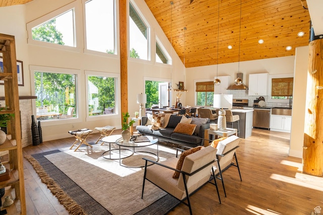 2143 S Aspen Cir, Wanship, UT 84017 - living area featuring high vaulted ceiling, healthy amount of natural light, light wood-type flooring, and wood ceiling