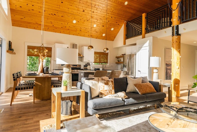 2143 S Aspen Cir, Wanship, UT 84017 - living area featuring high vaulted ceiling, wooden ceiling, and light wood finished floors