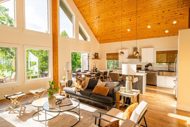 2143 S Aspen Cir, Wanship, UT 84017 - living room featuring high vaulted ceiling, light wood finished floors, and wood ceiling