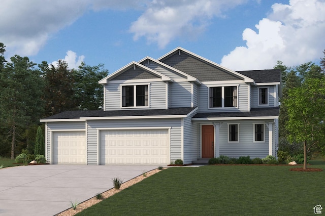 5117 Lukes St N Unit 187, Eagle Mountain, UT 84005 - view of front of home with concrete driveway, a front yard, an attached garage, and a shingled roof