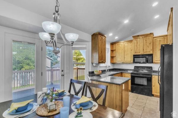 1342 S 1340 E, Spanish Fork, UT 84660 - kitchen featuring black appliances, open shelves, a peninsula, vaulted ceiling, and dark countertops