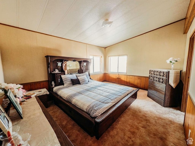 1633 W 2100 N, Helper, UT 84526 - carpeted bedroom with wood walls, crown molding, and vaulted ceiling