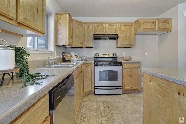 1541 N 25 E, Layton, UT 84041 - kitchen featuring stainless steel appliances, under cabinet range hood, light brown cabinetry, light countertops, and light tile patterned floors
