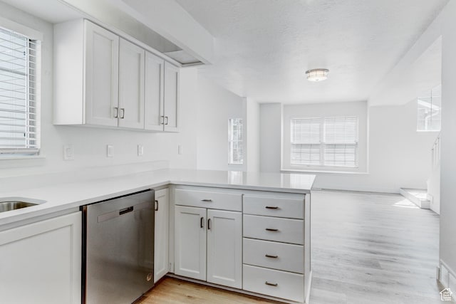 415 E Acoma Rd S, Midvale, UT 84047 - kitchen with dishwasher, light wood finished floors, light countertops, white cabinets, and a peninsula