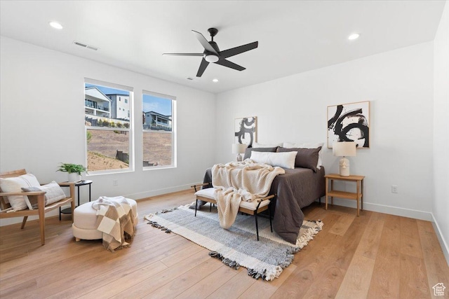 5554 N Fox Canyon Rd, Lehi, UT 84043 - bedroom with light wood-style floors, ceiling fan, and recessed lighting