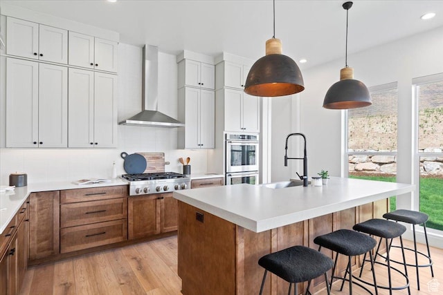 5554 N Fox Canyon Rd, Lehi, UT 84043 - kitchen featuring wall chimney exhaust hood, stainless steel appliances, plenty of natural light, light wood-style flooring, and recessed lighting
