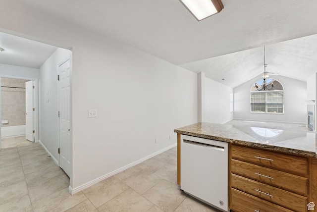 4732 W Villa View Dr Unit A, West Valley City, UT 84120 - kitchen with white dishwasher, brown cabinetry, a chandelier, lofted ceiling, and light tile patterned floors