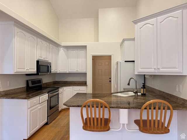 511 W 40 N, Orem, UT 84057 - kitchen with stainless steel appliances, a peninsula, white cabinetry, and light wood-style floors