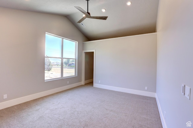 435 E Maple St, Mapleton, UT 84664 - unfurnished room featuring a ceiling fan, light colored carpet, vaulted ceiling, and recessed lighting