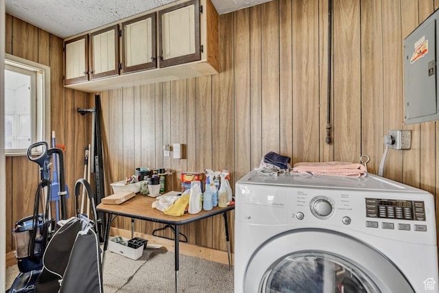 733 E Linden Ave, Salt Lake City, UT 84102 - washroom featuring washer / clothes dryer, cabinet space, wooden walls, electric panel, and a textured ceiling