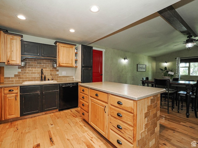 12615 S Dunhammer Dr, Riverton, UT 84065 - kitchen with dishwasher, light wood-type flooring, ceiling fan, tasteful backsplash, and light countertops