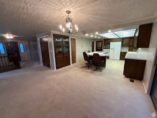 3696 N 475 E, North Ogden, UT 84414 - dining area with a chandelier, a textured ceiling, light carpet, and crown molding