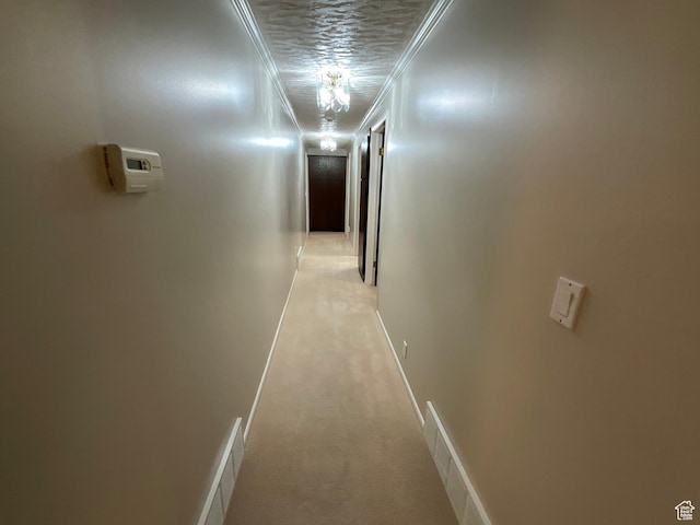 3696 N 475 E, North Ogden, UT 84414 - hallway featuring light carpet and ornamental molding