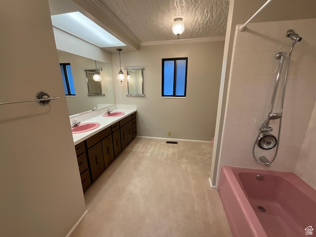 3696 N 475 E, North Ogden, UT 84414 - bathroom featuring ornamental molding, shower / bath combination, double vanity, and a textured ceiling