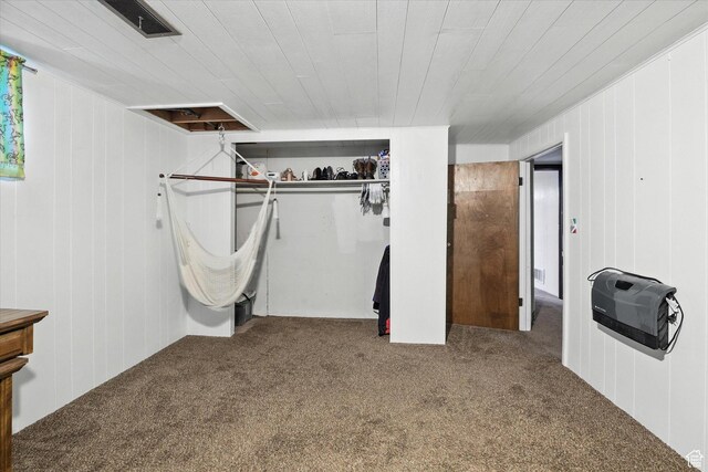 572 W 300 N, Hyrum, UT 84319 - unfurnished bedroom featuring carpet flooring, heating unit, a closet, and wooden walls