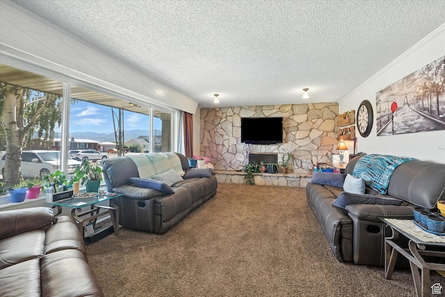 572 W 300 N, Hyrum, UT 84319 - living room featuring carpet, a textured ceiling, and a fireplace