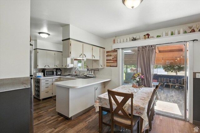 572 W 300 N, Hyrum, UT 84319 - kitchen with stainless steel microwave, light countertops, dark wood-style flooring, and a peninsula