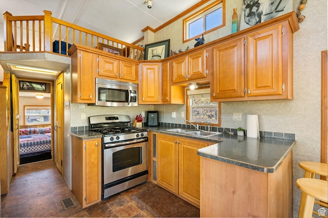 2125 E Elk Meadow Cir, Kamas, UT 84036 - kitchen with appliances with stainless steel finishes, dark countertops, healthy amount of natural light, and high vaulted ceiling