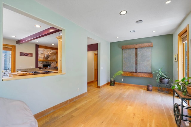 2125 E Elk Meadow Cir, Kamas, UT 84036 - living room with wood finished floors, recessed lighting, and a fireplace