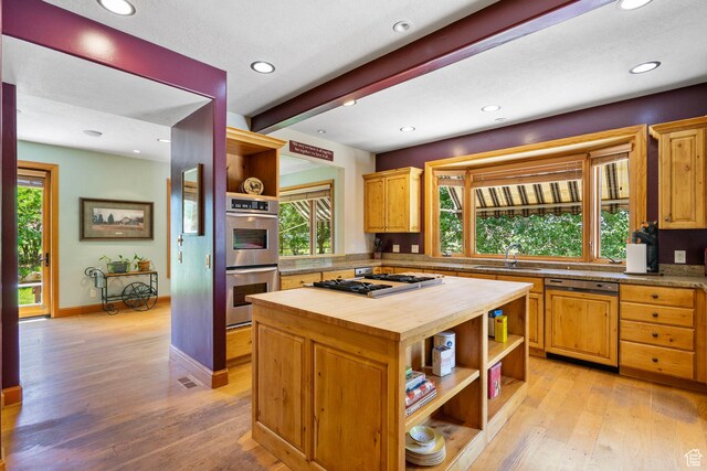 2125 E Elk Meadow Cir, Kamas, UT 84036 - kitchen featuring open shelves, appliances with stainless steel finishes, butcher block counters, light wood-type flooring, and recessed lighting