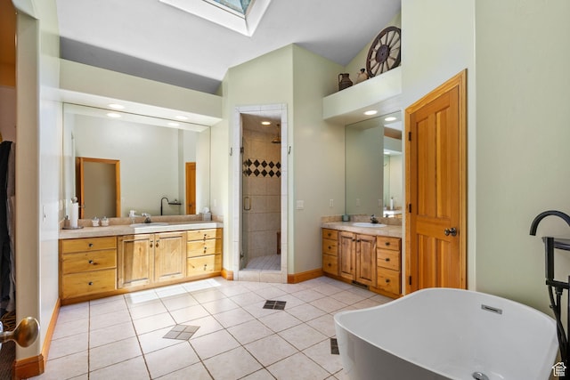 2125 E Elk Meadow Cir, Kamas, UT 84036 - full bath with a skylight, a shower stall, lofted ceiling, a soaking tub, and two vanities