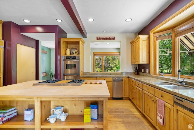 2125 E Elk Meadow Cir, Kamas, UT 84036 - kitchen featuring open shelves, butcher block counters, stainless steel appliances, light wood finished floors, and recessed lighting