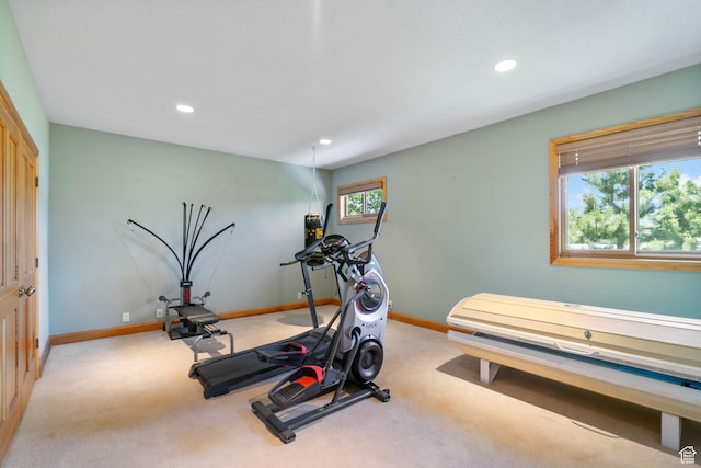 2125 E Elk Meadow Cir, Kamas, UT 84036 - exercise room featuring light carpet and recessed lighting