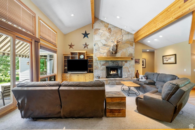 2125 E Elk Meadow Cir, Kamas, UT 84036 - carpeted living room with beamed ceiling, a fireplace, high vaulted ceiling, and recessed lighting