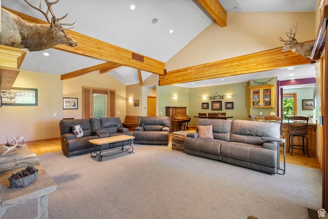 2125 E Elk Meadow Cir, Kamas, UT 84036 - living area with beam ceiling, recessed lighting, wood finished floors, and high vaulted ceiling