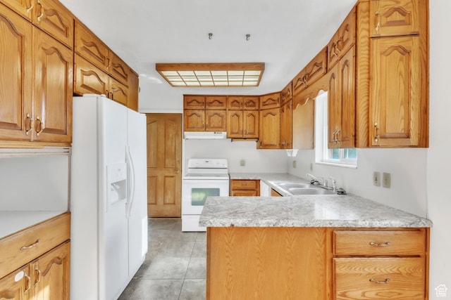 185 S 200 W, Providence, UT 84332 - kitchen with white appliances, under cabinet range hood, a peninsula, and light countertops