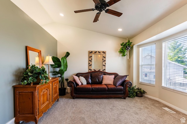 14048 S Van Cott Peak Cir W, Riverton, UT 84096 - living area featuring carpet, ceiling fan, vaulted ceiling, and recessed lighting