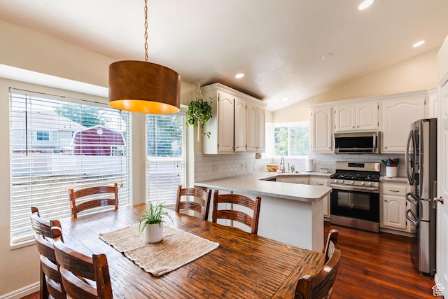14048 S Van Cott Peak Cir W, Riverton, UT 84096 - kitchen featuring appliances with stainless steel finishes, a peninsula, decorative backsplash, white cabinets, and vaulted ceiling