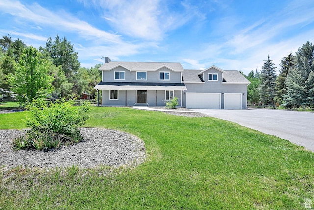 6699 E 950 S, Huntsville, UT 84317 - traditional-style house with driveway, an attached garage, a front lawn, a chimney, and a porch