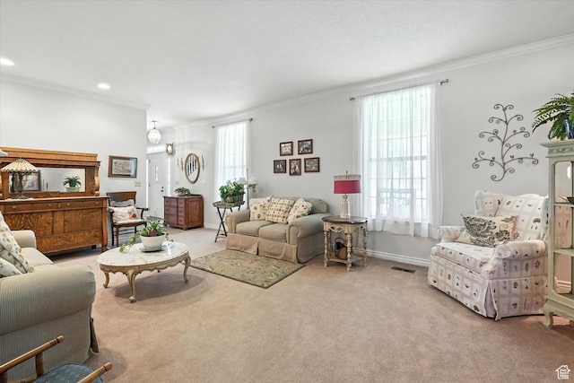 36 N Main St, Mantua, UT 84324 - carpeted living area featuring ornamental molding and baseboards