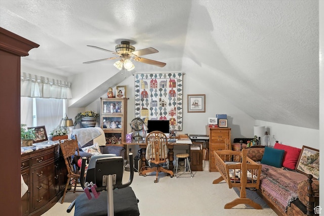 36 N Main St, Mantua, UT 84324 - office space with light colored carpet, a textured ceiling, a ceiling fan, and vaulted ceiling