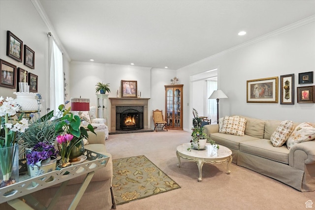 36 N Main St, Mantua, UT 84324 - living room with carpet, a lit fireplace, ornamental molding, and recessed lighting