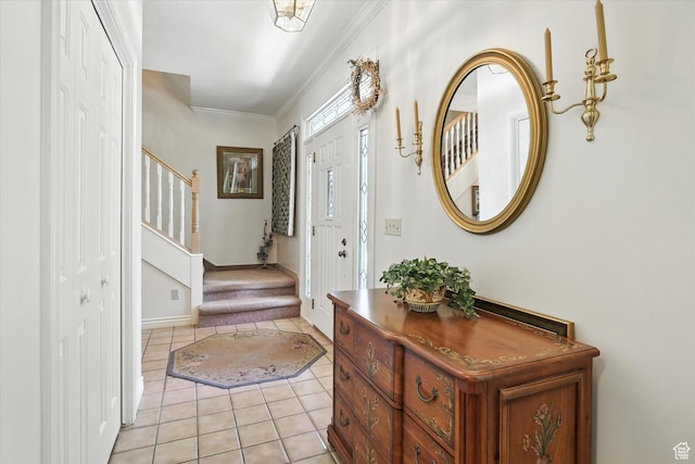 36 N Main St, Mantua, UT 84324 - foyer entrance with light tile patterned floors, stairs, and ornamental molding