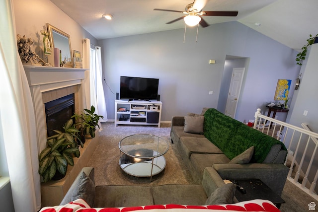 8298 S Festive Way, West Jordan, UT 84088 - living room featuring carpet flooring, vaulted ceiling, ceiling fan, and a fireplace