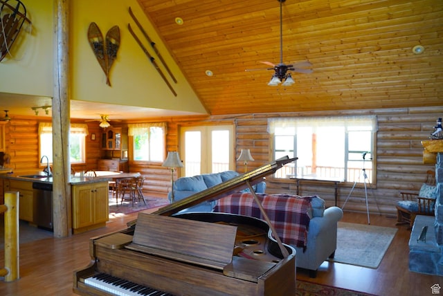 11495 E 16000 N, Mount Pleasant, UT 84647 - living room featuring log walls, a ceiling fan, high vaulted ceiling, wooden ceiling, and wood finished floors